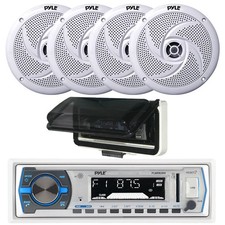 Pyle Single DIN Marine Bluetooth Receiver, Cover, 4x 8" 320W Boat Audio Speakers