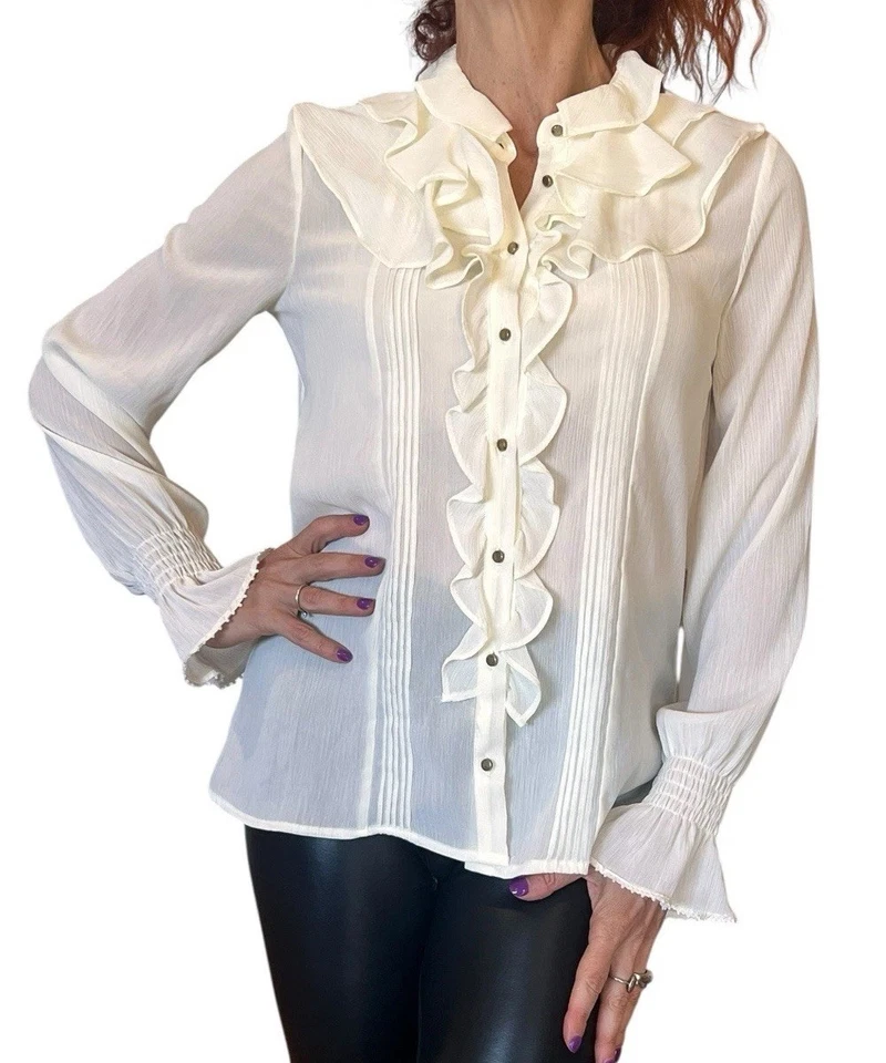 BLUSA ZARA SEMI TRANSPARENTE VOLANTES MANGA LARGA BOTÓN DORADO ROMÁNTICO 9878/061 XS NUEVA CON ETIQUETAS Foto 3 de 4