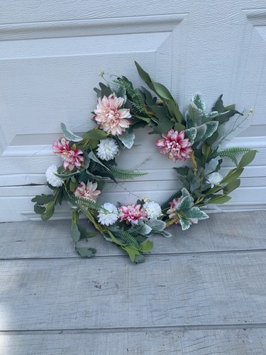 26" Faux Pink Dahlia Wreath Eucalyptus Spring Summer Front Door Floral Decor