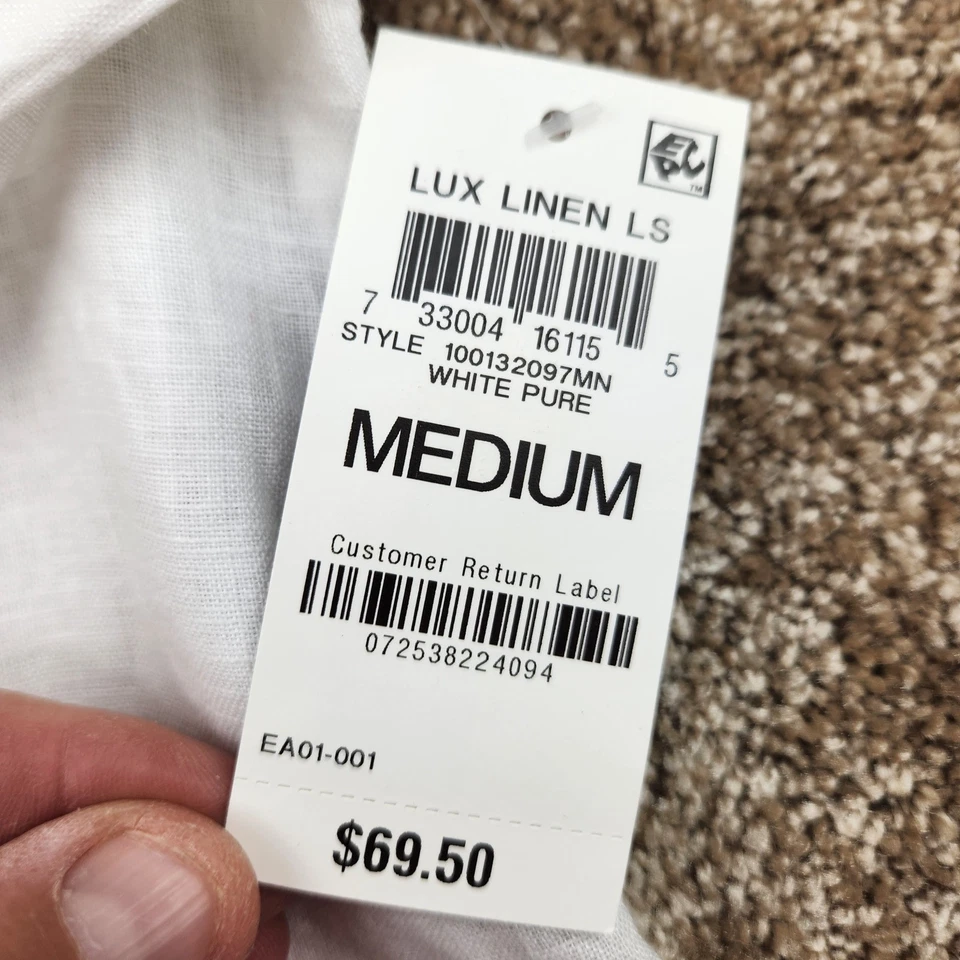 Club Room Luxury Mens White Pure Linen Mandarin Band Collar Button Medium NWT - Image 2 of 4