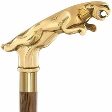 Vintage Brass Jaguar Handle brown Wooden Victorian Antique CANE Walking Stick