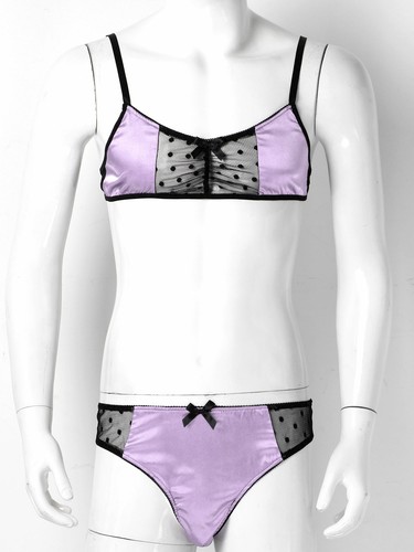 Männer Sissy Dessous-Set Satin Sheer Mesh Bustier BH Top mit Slip Unterwäsche - Bild 39 von 68