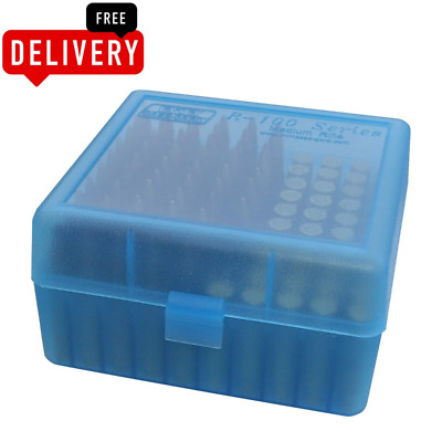 MTM 100 round Flip-Top Rifle Ammo Box 22-25, 308 W, 243 , Clear Blue
