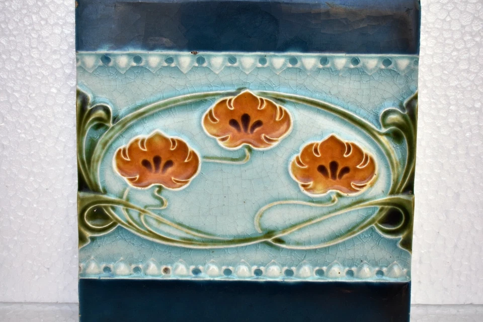 Azulejo Antiguo Art Nouveau Mayólica Cerámica Porcelana Inglaterra Diseño Floral "I101 Foto 3 de 4
