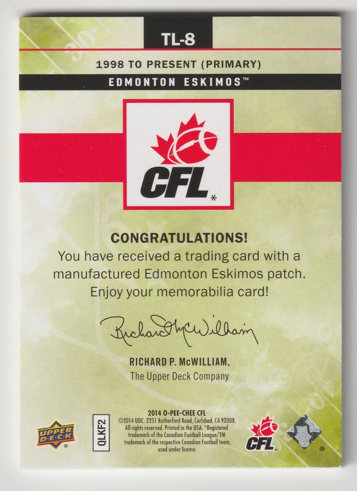2014 OPC CFL Team Logo Patches Edmonton Eskimos Card #TL-8 - Image 2 of 2