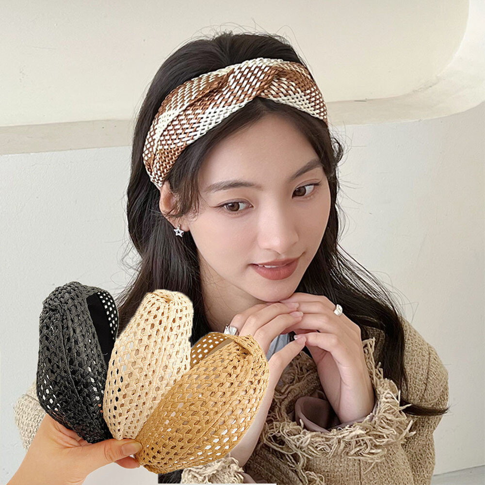 Braided Knotted Head Hoop Hair Accessories Straw Weaving Cross Headband Cool