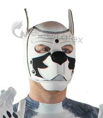 NEOPREN WEICHER GUMMI HUNDESCHAUM WELPE VOLLKOPFHAUBE WEISSE MASKE HAUSTIER SPIEL FETISCH