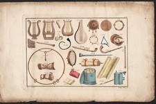 1810 Gravure originale grecs instruments de musique lyres cithare guitare Grece