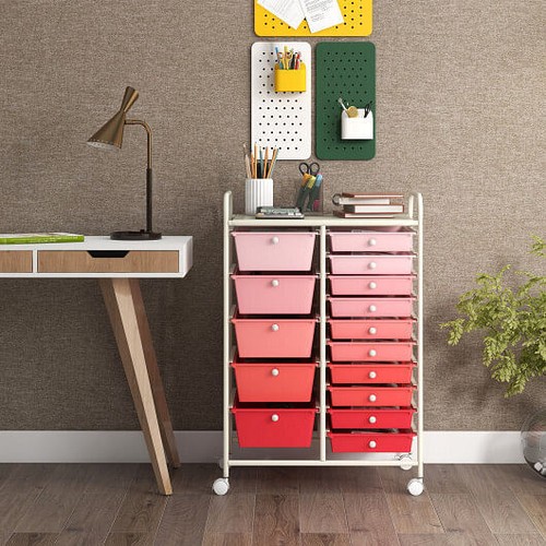 15-Drawer Utility Rolling Organizer Cart Multi-Use Storage-Gradient Pink - Color - Picture 2 of 5