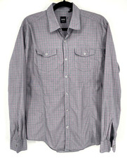 Hugo Boss Men's L Plaid Long Sleeve shirt button up flap patch pockets lavender