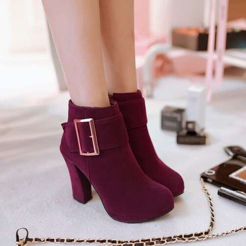 Women Booties Faux Suede Casual Buckle High Block Heel Platform Shoe Ankle Boots - Picture 11 of 21
