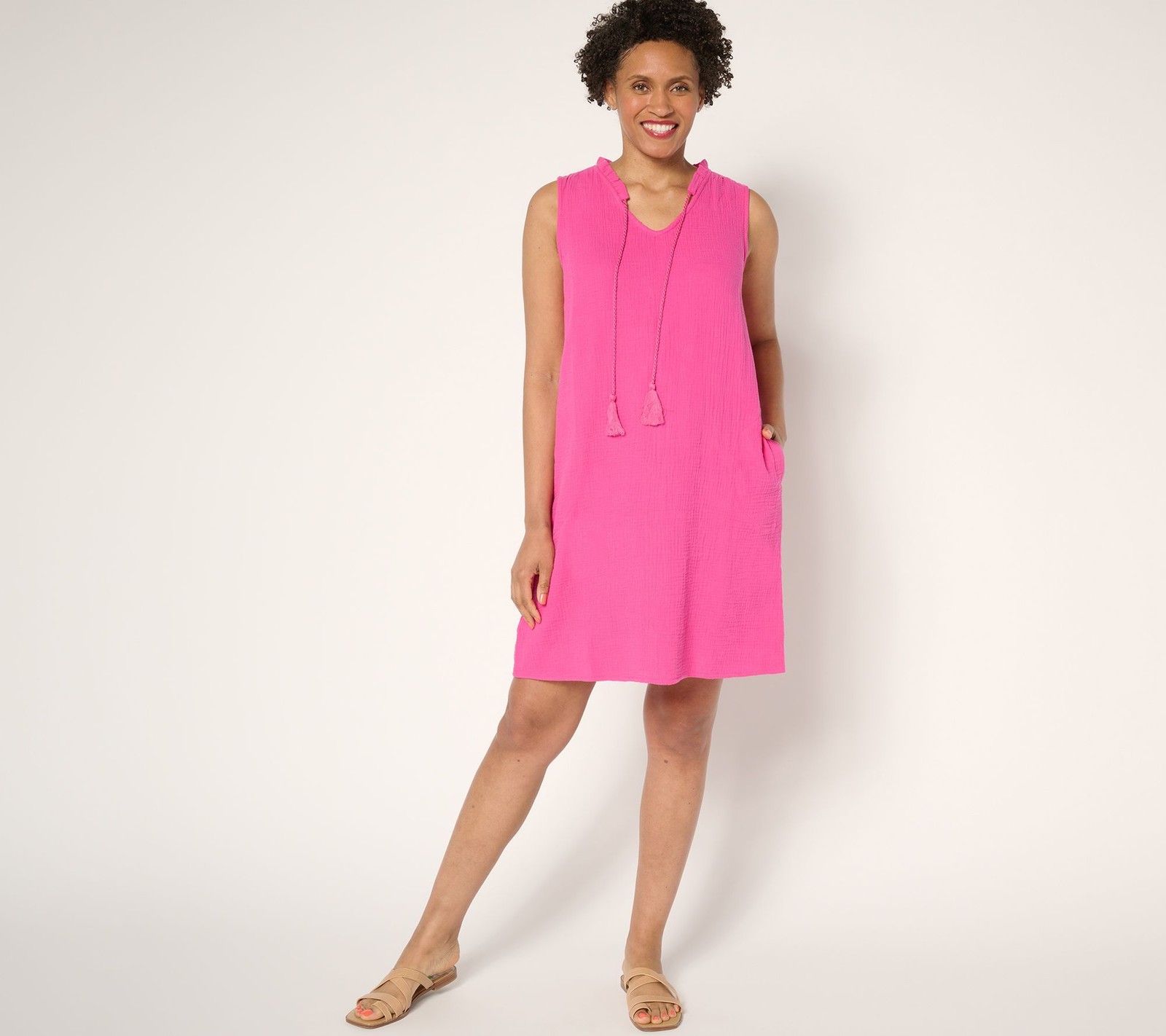 Belle by Kim Gravel Women's Petite Dress PL Cotton Gauze Luau Tassel Pink