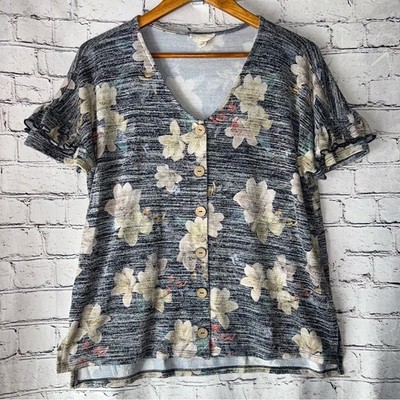 Cupio Floral Button Down Blouse Ruffle Sleeve Detail Gray Marled Size Medium