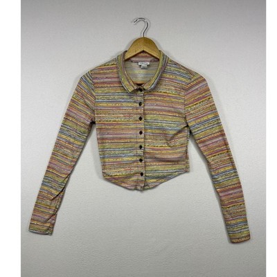 Y2K Retro rue21 Womens Small Multi-Color Striped Ribbed Cropped Button Up Top