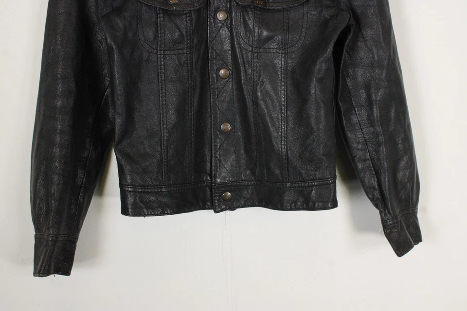 Chaqueta de camionero de cuero Lee Rider para mujer Reino Unido pequeña negra botón a presión doble bolsillo Foto 3 de 4