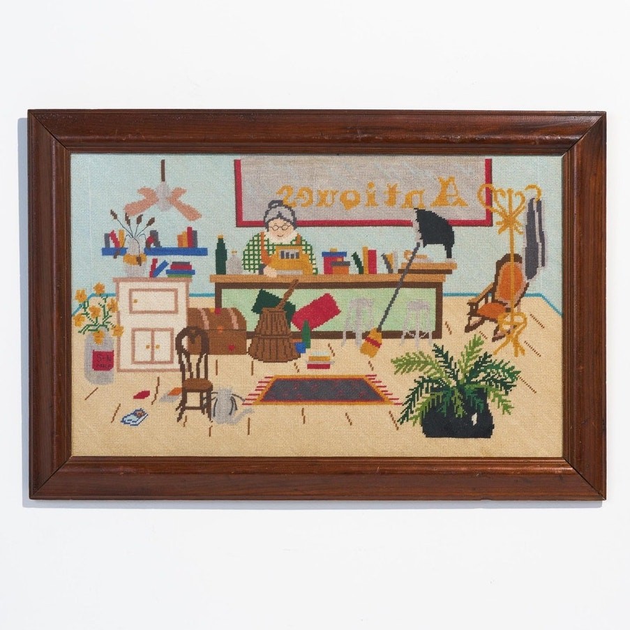 Vintage Antique Store Scene Framed Needlepoint