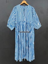 Indian Cotton Blue Striped Print Maxi Gown, Deep Neck Dress Women's Clothing US