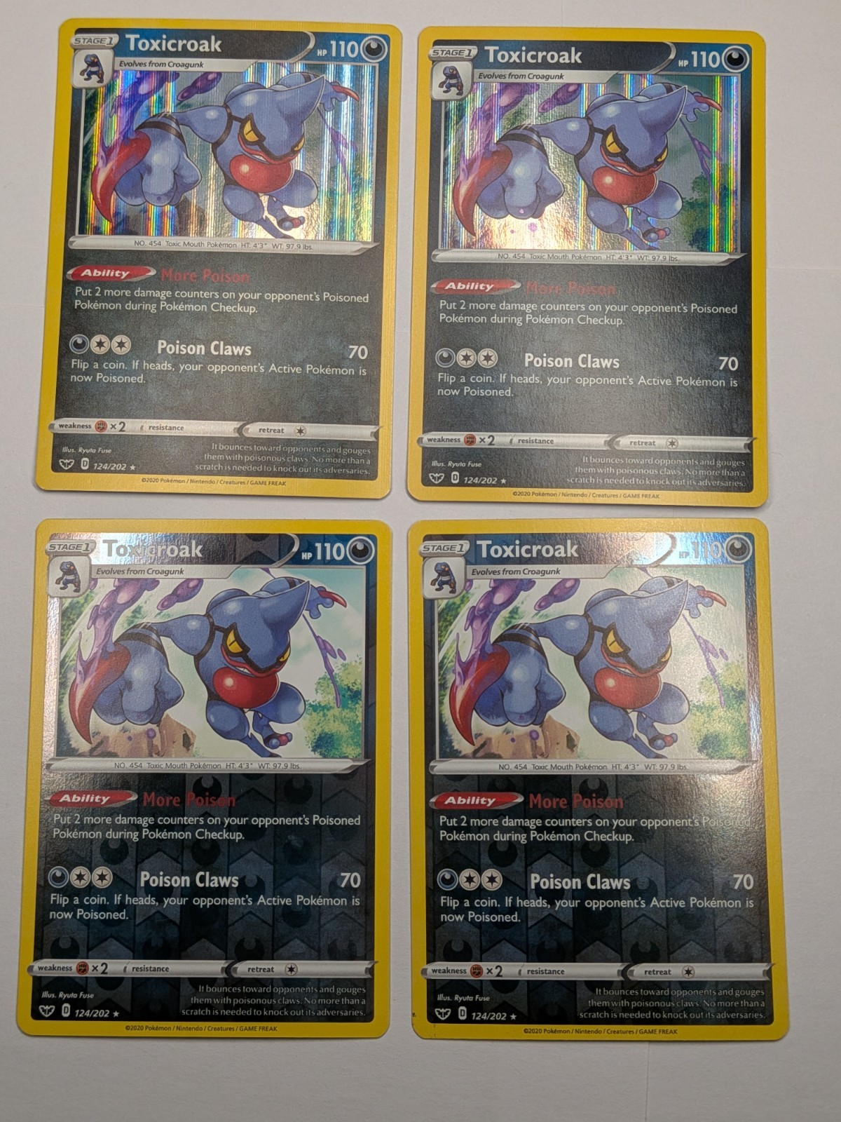 4x Toxicroak Playset -  124/202 +  HOLO Sword & Shield Base Set Rare Card NM