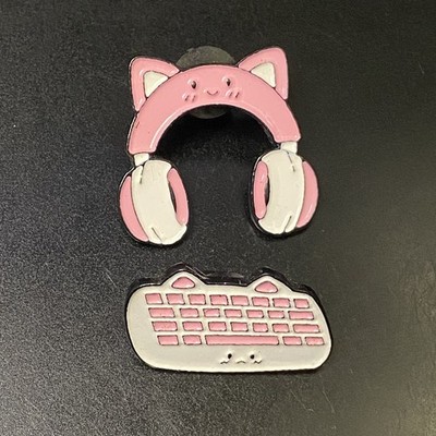 Pink Cat Cartoon Keyboard and Headset Gamer Hat Lapel Pin Set