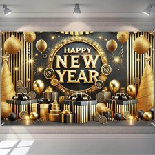 Black Gold Happy New Year Backdrop Luxury Fireworks Celebration Background
