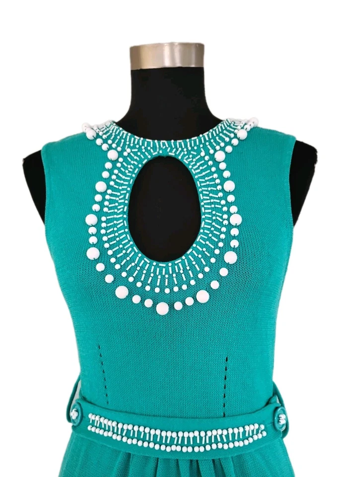 Nanette Lepore Knit Midi Dress S Turquoise Blue White Beaded Key Hole Sheath 4 6 - Image 3 of 4