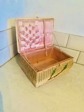 Antique wicker sewing basket 1920’s -1930’s Pink Satin
