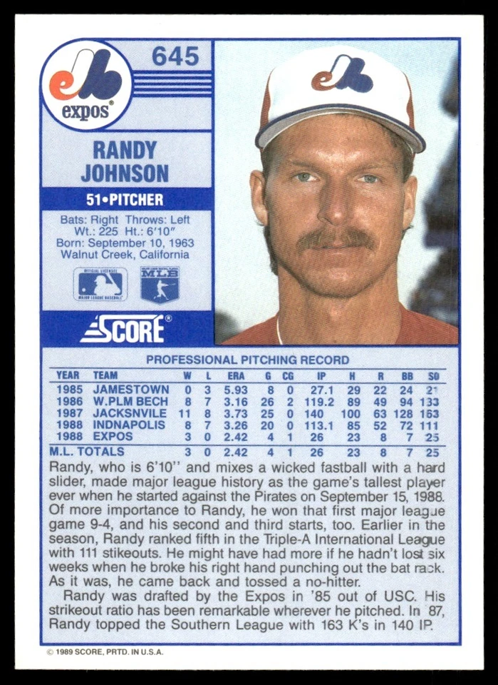 1989 Score Randy Johnson Rookie Montreal Expos #645 - Image 2 of 2