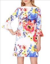 Tahari  ASL White Multicolor Floral Dress 12P Bell Sleeve Shift Dress