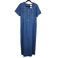 VTG Denim Maxi Dress Embroidered Sunflowers Tie Waist 90s Cottage Grandma Sz XL