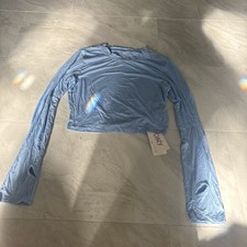 Dazy Blue Long Sleeve Cropped Crew Neck T-Shirt Thumb Hole Women's Regular Size