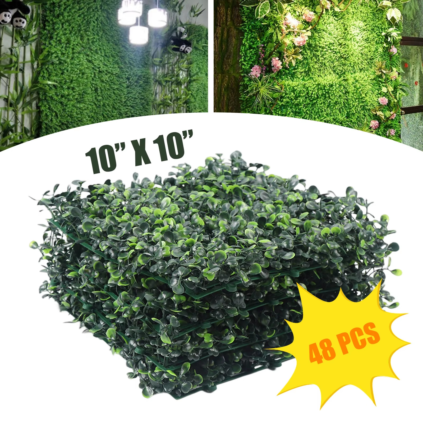 48X Artificial Boxwood Hedges 10X10In PE Plant Flower Wall for Yard, Garden, Ind