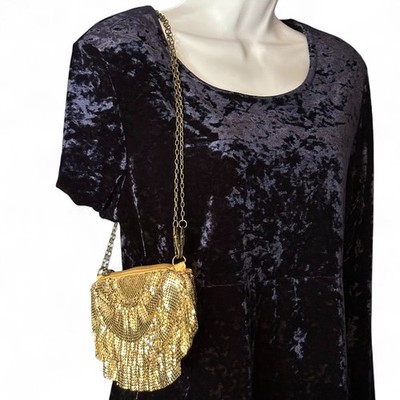 Shimmering Gold Mesh Evening Bag Zip Clutch Crossbody Glam Satin Chain Strap