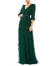 Mac Duggal Embellished V Neck 3/4 Sleeve A Line Gown Women's Green 14