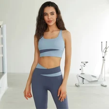Ocean Pace Two-Tone Blue Athleisure Set Women Yoga Workout Outfit Bra Leggings
