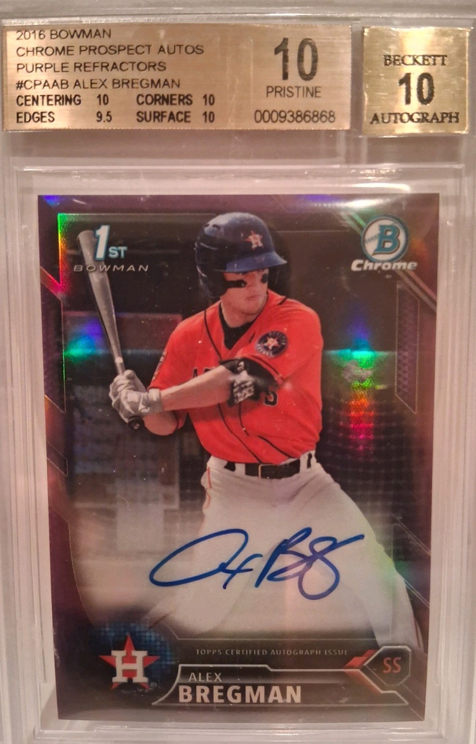 2016 Bowman Chrome Prospects Alex Bregman Purple Auto Refractor/250. BGS 10
