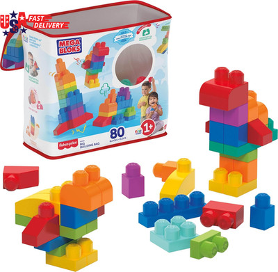 First Builders Toddler Blocks Set 80 Piece Big Building Bag with Storage, Blue,