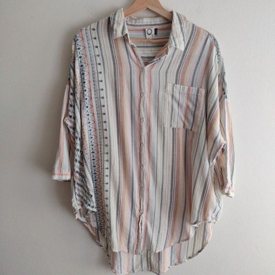 Anthropologie Akemi Kin Striped Embroidered Blouse M L Oversize Cotton Top