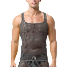 Men's Sleeveless Mesh Tank Tops Vest See Through Shirts Muscle Fitted Fishnet...