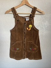 Looney Tunes Tweety 1998 Brown Corduroy Overall Dress Girls 6 7 90  s Warner Bros