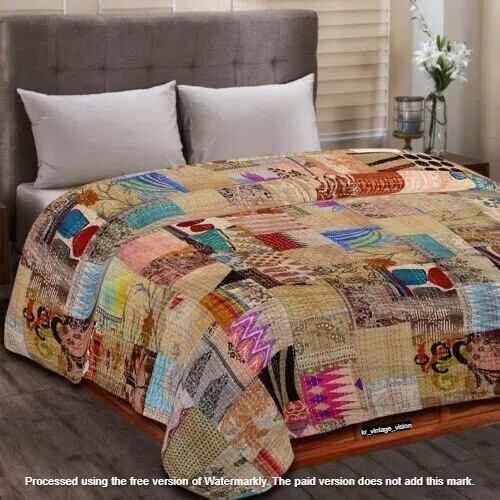 Boho patchwork quilt bed cover kantha coverlet handmade quilts hippie blanket - Picture 2 of 60