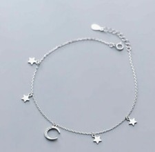 Women 925 Sterling Silver CZ Moon Star Chain Anklet Foot Bracelet 7.8-9"