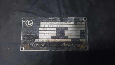 AVCO LYCOMING MODEL IO-540-C4B5 AIRPLANE/AIRCRAFT ENGINE/MOTOR DATA TAG ONLY