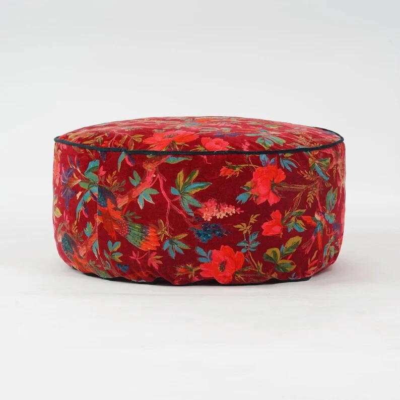 Red Bird Printed Large Zipped Throw Hippie Decorative Ottoman Cover Boho Poufs - Image 2 of 2