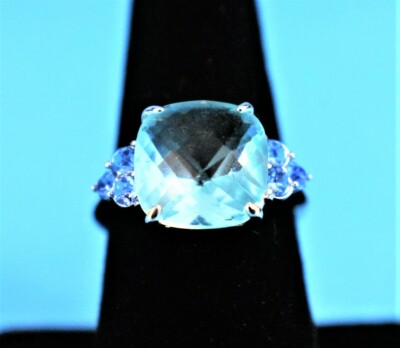 Emmy Blue Faceted Cushion PRINCESS 2CT Cocktail Ring AVON SZ 11 Silvertone NEW