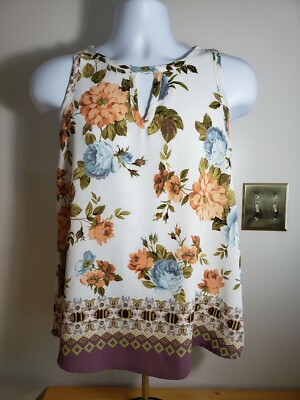 Ces Femme Women's Multicolored Floral Sleeveless Top Off White Small Sm S