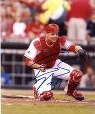 DEVIN MESORACO CATCHING CINCINNATI REDS SIGNED AUTOGRAPHED 8X10 PHOTO W/COA