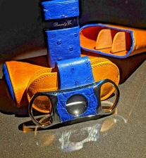 Brizard and Co Blue Ostrich & Camel Color Leather  Case, Cutter & Lighter Combo