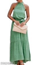 Pretty Garden Halter Dress  Size XXL Green Polka Dot Midi Maxi Tiered Open Back