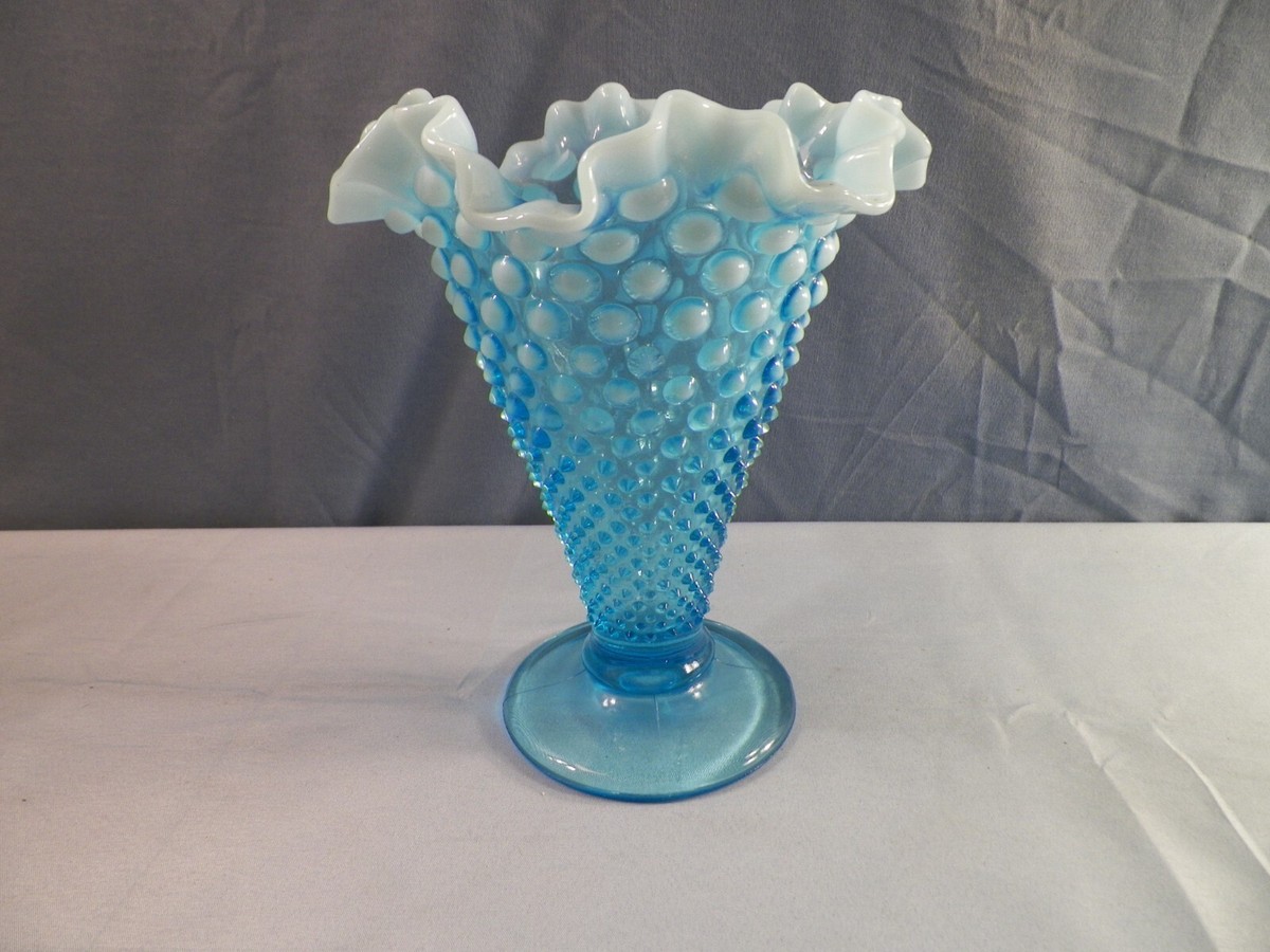 Fenton Blue Opalescent Hobnail Glass Large Fluted Cone