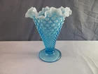 Fenton Blue Opalescent Hobnail Glass Large Fluted Cone Shaped Vase 7 3/4" INV2